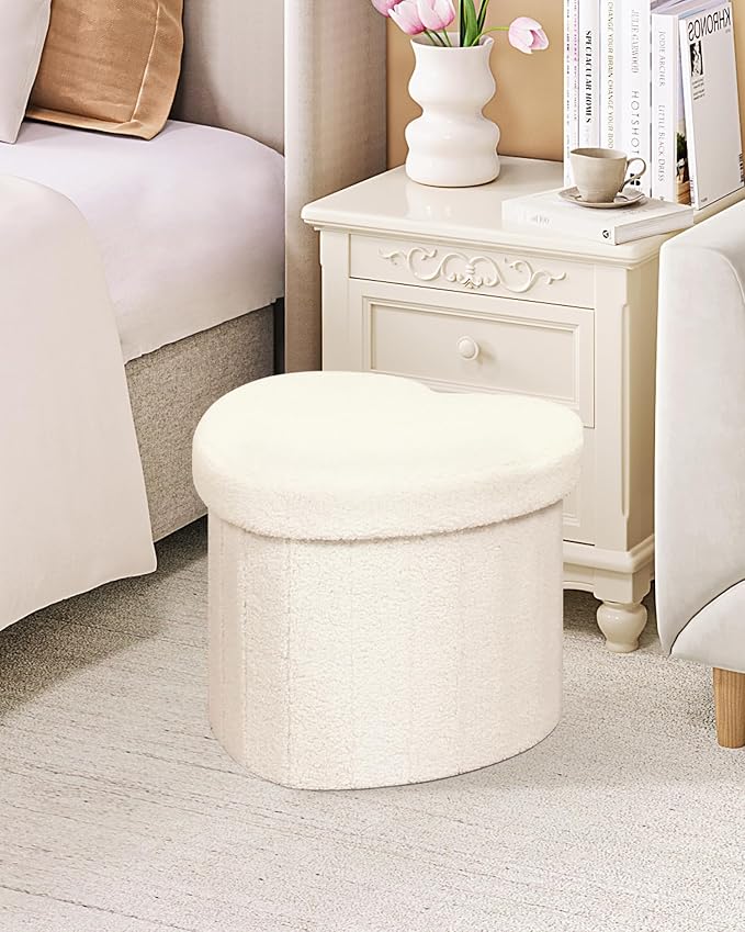 B FSOBEIIALEO Storage Ottoman Cube, Heart Shaped Ottomans with Storage Foot Stool Footrest for Lving Room, Boucle Ottoman Seat for Dorm Room,Faux Teddy Fur, White 15"x15"x15"