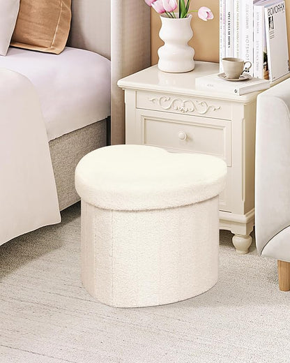 B FSOBEIIALEO Storage Ottoman Cube, Heart Shaped Ottomans with Storage Foot Stool Footrest for Lving Room, Boucle Ottoman Seat for Dorm Room,Faux Teddy Fur, White 15"x15"x15"