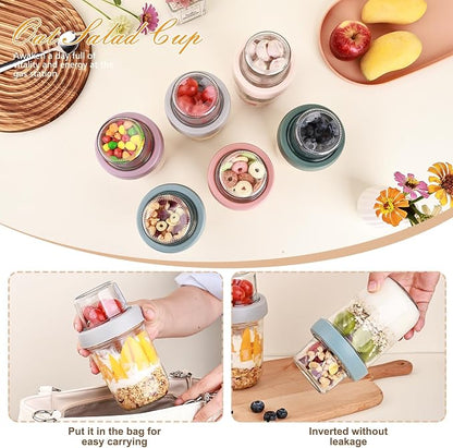Wells 6 Pack Overnight Oats Containers with Lids, 16 OZ Dual Layer Yogurt Containers with Dry and Wet Separation, Airtight Leak Proof Oatmeal Jar for Chia Pudding, Breakfast, Cereal