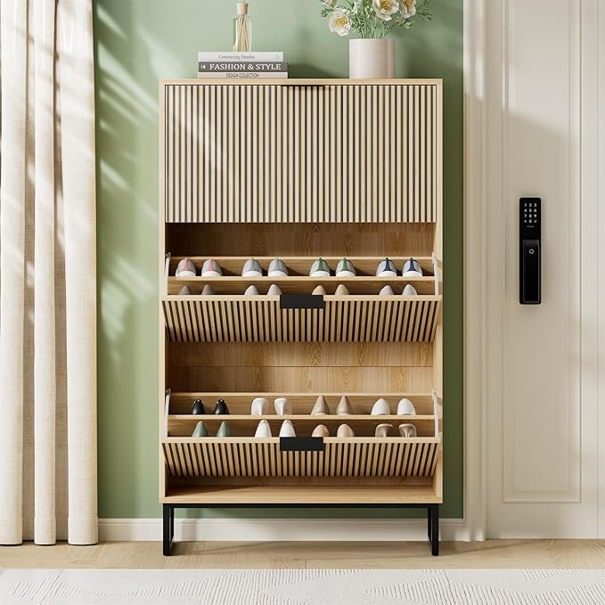 Shoe Cabinet Storage with 3 Flip Drawers, Shoe Organizer Cabinet for Entryway, Modern Freestanding Hidden Shoe Rack Organizer Shoe Cupboard for Hallway, Natural Wood