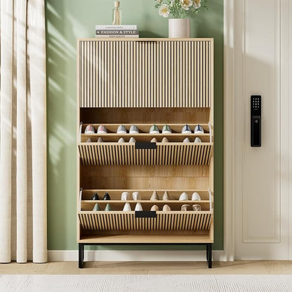 Shoe Cabinet Storage with 3 Flip Drawers, Shoe Organizer Cabinet for Entryway, Modern Freestanding Hidden Shoe Rack Organizer Shoe Cupboard for Hallway, Natural Wood