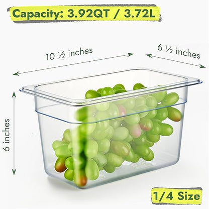 CURTA 6-Pack 1/4 Size 6" Deep NSF Polycarbonate Food Pans with Handled Lids & Drain Trays | Dishwasher & Freezer Safe Clear Container for Prep Tables, Buffet, Salad Bar, Commercial Kitchen