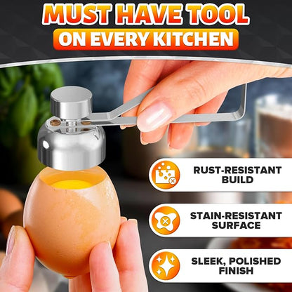Egg Cracker Tool for Raw Eggs — Egg Shell Opener for Soft-Boiled Shell Tops, Stainless Steel Topper with Ergonomic Adjustable Effort — Easy-Open Design for Breakfast Prep, Custards, & Baking (Silver)