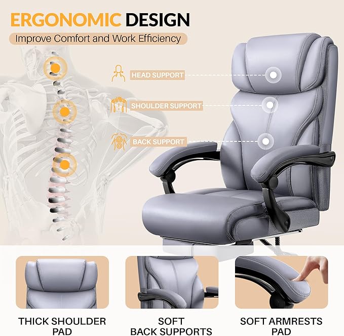 Office Chair, Executive Big and Tall Leather Desk Chairs with Footrest, Ergonomic Breathable Computer Chair with Adjustable High Back, Lumbar Support Swivel PC Chairs with Rocking Function