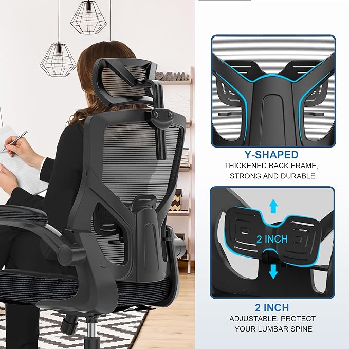 Ergonomic Office Desk Chair with Waterfall Seat and S-Shaped Back for Back and Leg Pressure Relief, Adjustable Headrest for Neck Support, Comfortable for 8+ Hours of Sitting