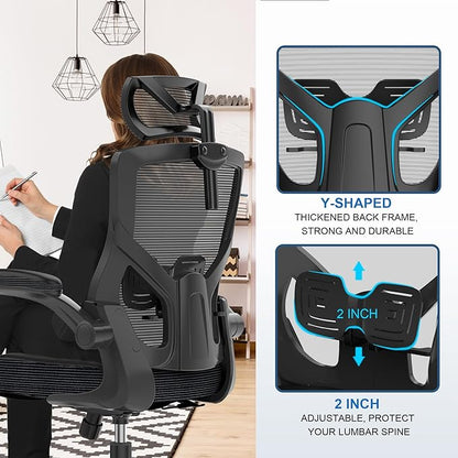 Ergonomic Office Desk Chair with Waterfall Seat and S-Shaped Back for Back and Leg Pressure Relief, Adjustable Headrest for Neck Support, Comfortable for 8+ Hours of Sitting