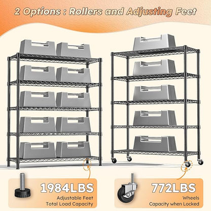 REIBII Storage Shelves with Wheels Wide Wire Shelving Unit with Wheels 75.2"H Tall Metal Shelves for Storage Sturdy Heavy Duty Shelving Deep Pantry Shelves 5 Tier Storage Rack, Keep Organized, 2 Pack