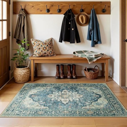 RELEANY Area Rugs 3'x5' Washable Non-Slip, Floral Vintage Distress Medallion Carpet for Living Room Bedroom Dining Room, Dark Blue Vintage