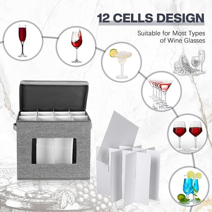 Norme 3 Pack Wine Glasses Storage Box with Dividers, 12 Compartments Stemware Storage Cases Champagne Flute Box with Lid Handle Window China Container Organizer for Moving(Champagne Flute Size,Gray)