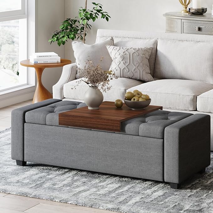 Storage Ottoman Bench with Tray,Large Entryway Ottoman with Storage, Rectangular Bench with Cushion and Safety Hinge for Living Room Bedroom