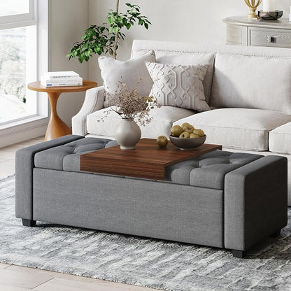 Storage Ottoman Bench with Tray,Large Entryway Ottoman with Storage, Rectangular Bench with Cushion and Safety Hinge for Living Room Bedroom