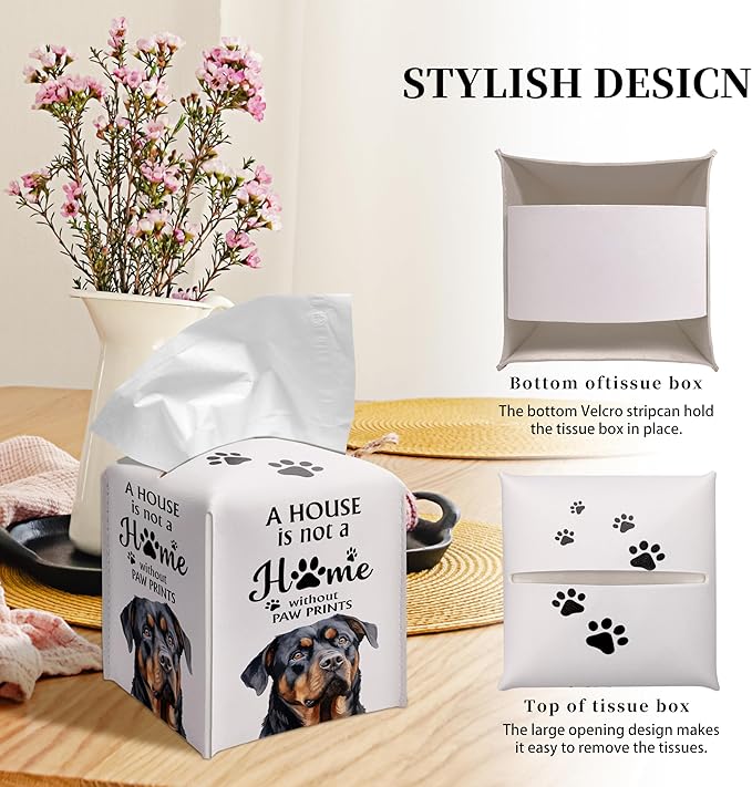Grace Yonks Cute Rottweiler Tissue Box Cover Square, Rottweiler Dog Cube Case for Facial Tissues, 5.2" PU Leather(038)