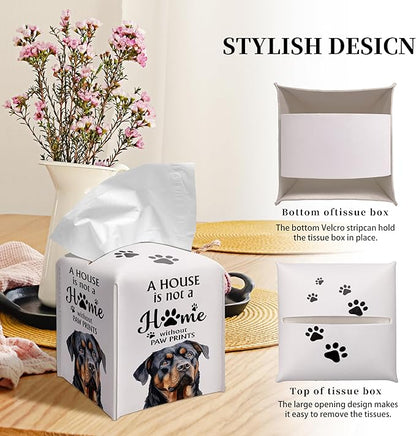 Grace Yonks Cute Rottweiler Tissue Box Cover Square, Rottweiler Dog Cube Case for Facial Tissues, 5.2" PU Leather(038)