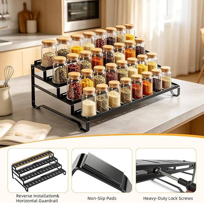 Attelite 4 Tier Expandable Can Rack Organizer for Pantry, Adjustable 13"-21" Metal Soda Can Organizer, Pantry Organization Canned Food Storage Holder for Kitchen Cabinet Countertop, Black 1Pack