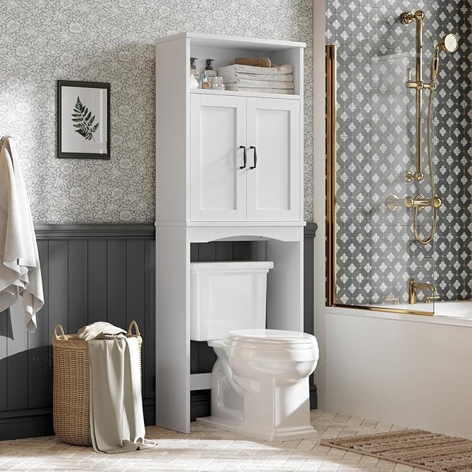 Over The Toilet Storage Cabinet, Over The Toilet Cabinet Bathroom with Adjustable Shelf and Double Door, Over The Toilet Storage for Bathroom Over The Toilet Organizer, White