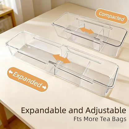 Tea Bag Holder，Expandable Tea Bag Organizer Boxes，Clear Acrylic Tea Bag Storage Bins,Kitchen Utensils for Sugar Packet, Coffee, Condiment for Drawer,Cabinet, Countertop,Pantry,1 Pack