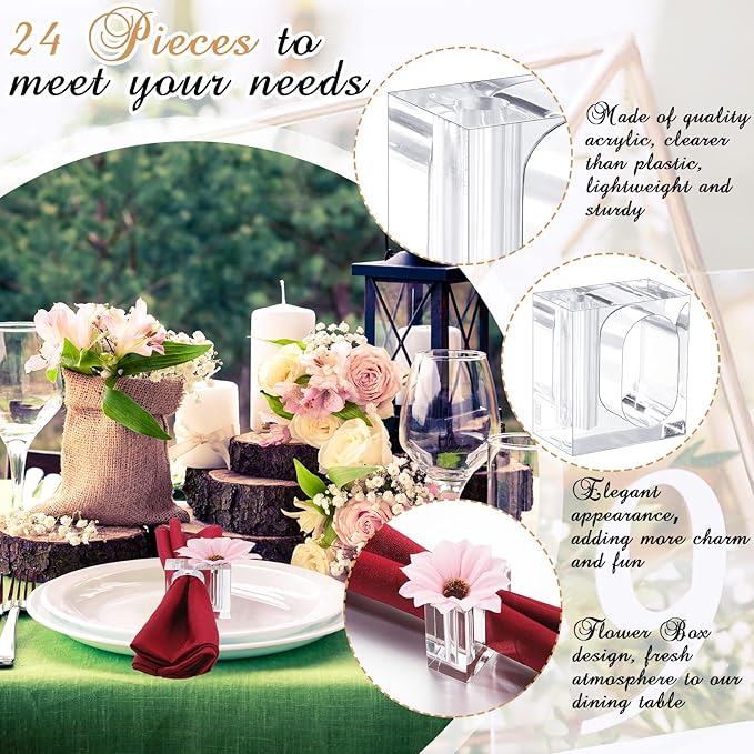 Meanplan 24 Pcs Flower Napkin Rings Clear Acrylic Napkin Holder Rings Bulk Square Flower Bud Vase Combo for Wedding, Birthday Banquet Table Decor, 1.77 x 1.97 Inch