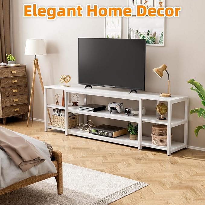 Aquzee White TV Stand for up to 85inch, Entertainment Center for 70 75 80 85" TV, 75.2" Wide Wood Television Console Table for Living Room Bedroom Gaming Room