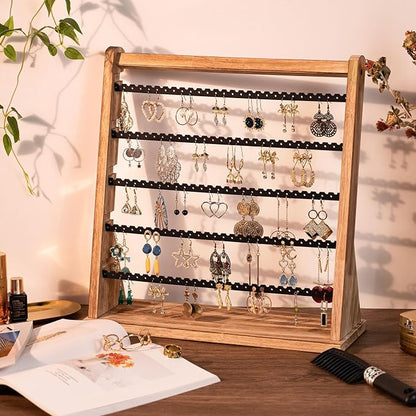 Poyilooo Earring Holder Organizer, Rustic Wood Earring Holder Stand, 5 Layer Jewelry Holder Organizer with 270 Earring Tree Holes Display Rack for Stud Earings & Hoop Earrings, Gifts for Women