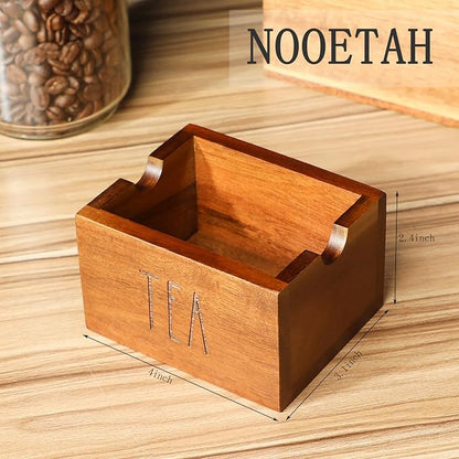 Acacia Sugar Packet Caddy for Coffee Bar, Farmhouse Wood Sugar Holder Packets , Sugar Packet Container, Small Tea Bag Organizer for Office Table,Hotel, Restaurant (Brown-Labeled "TEA")