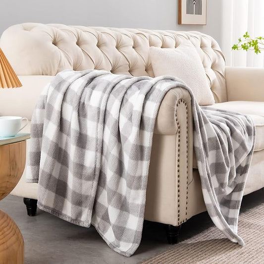 BEDELITE Fleece Throw Blanket for Couch Sofa Bed, Buffalo Plaid Decor Grey and White Checkered Blanket, Cozy Fuzzy Soft Lightweight Warm Blankets for All Seasons