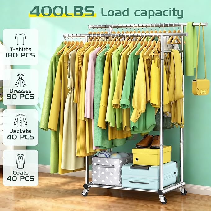 Double Rods Clothing Rack for Hanging Clothes, 100% Stainless Steel Clothes Rack, Portable Sturdy Clothes Rack with Wheels, Easy Installation Rolling Coat Rack, Freestanding for Home Conmercial Store