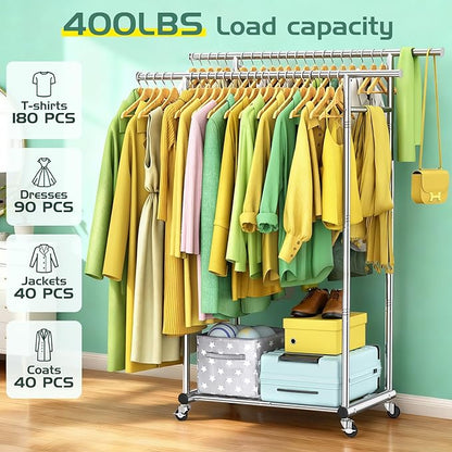 Double Rods Clothing Rack for Hanging Clothes, 100% Stainless Steel Clothes Rack, Portable Sturdy Clothes Rack with Wheels, Easy Installation Rolling Coat Rack, Freestanding for Home Conmercial Store