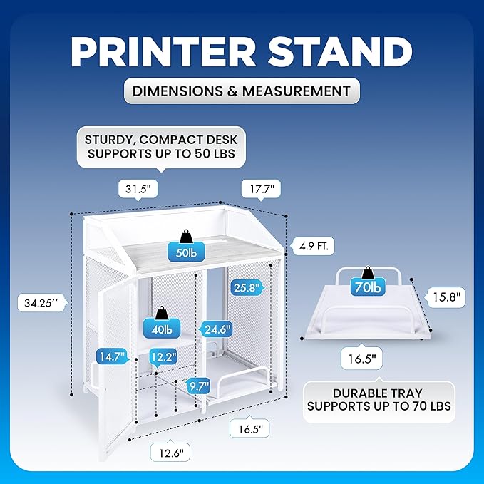 Printer Stand with Shelving for Storage, USB-C, USB-A, & AC Plugs – Space-Saving Open Storage Compartment with Removeable Tray for Paper Shredder/Mini Fridge/Stool for Home or Office