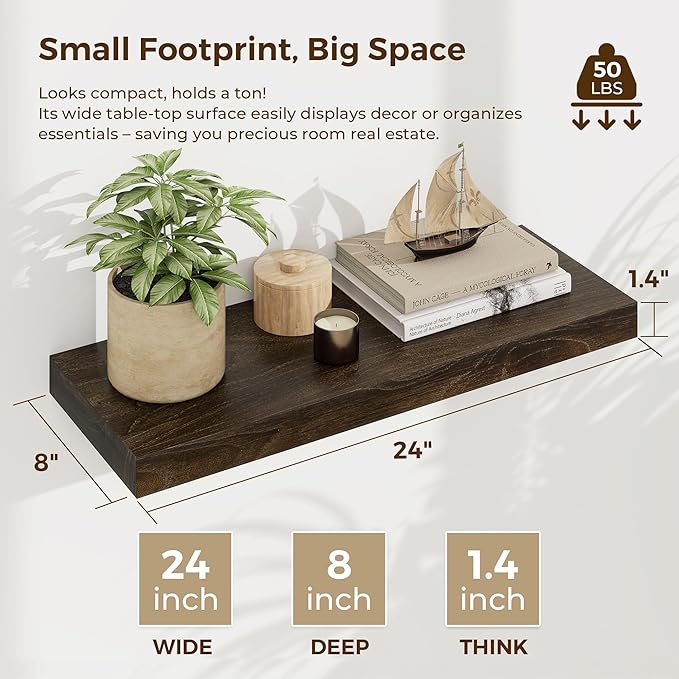 Dreamland 24 Inch Floating Shelves, Rustic Elm Wood Wall Shelf for Home Decor, 8 Inch Deep Floating Shelf for Wall, 24 x 8 Bathroom Shelves Set of 2, Walnut Color