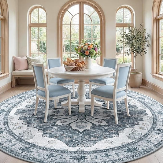 RELEANY Area Rugs Round 8ft Washable Non-Slip, Floral Vintage Distress Medallion Carpet for Living Room Bedroom Dining Room, Light Gray Grey White