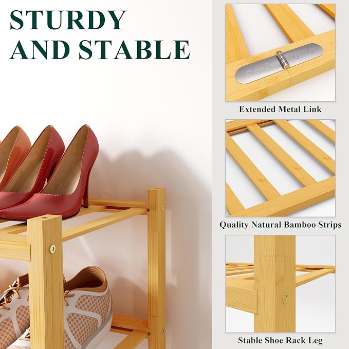 Smiry Long Bamboo Shoe Rack, 6 Tier Free Standing Wooden Shoe Organizer, Stackable Wood Shoe Storage Shelf for Closet, Entryway, 12 Vertical Slats, 2+2+2 Stack Standard Legs, 33.7"x11"x39", Natural