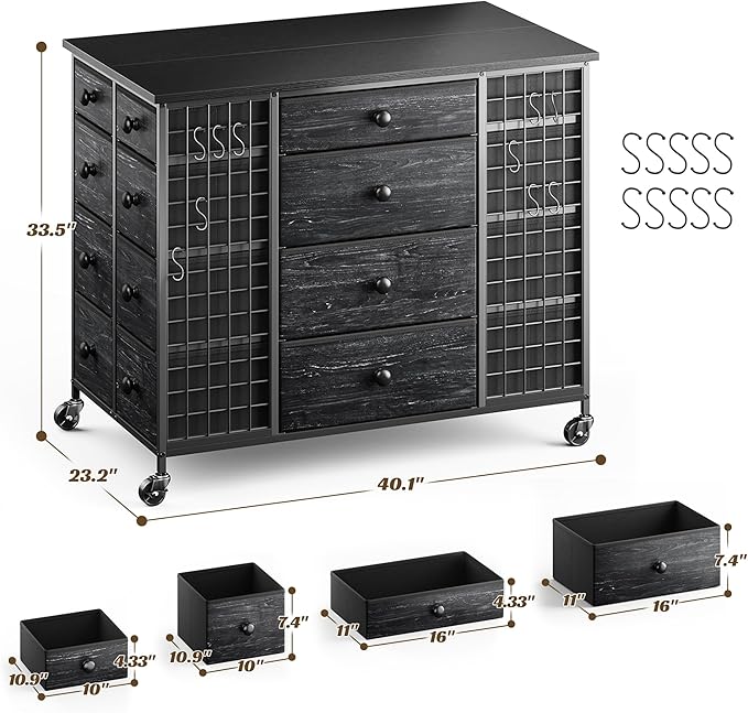 EnHomee 24 Drawers Black Dresser for Bedroom, Dressers & Chests of Drawers with 4 Wheels and 40“ * 23” Wide Wooden Top, Metal Frame, Organizer Island with Hooks for Bedroom, Cloakroom, Dressing Room