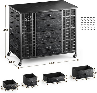 EnHomee 24 Drawers Black Dresser for Bedroom, Dressers & Chests of Drawers with 4 Wheels and 40“ * 23” Wide Wooden Top, Metal Frame, Organizer Island with Hooks for Bedroom, Cloakroom, Dressing Room