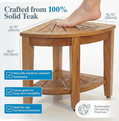 AquaTeak The Original 15.5" Fully Assembled Kai Corner Teak Shower Bench - Shower Stool with Storage Shelf for Bathroom - Durable Water Resistant Shower Chair - Shaving Foot Rest - Indoor & Outdoor