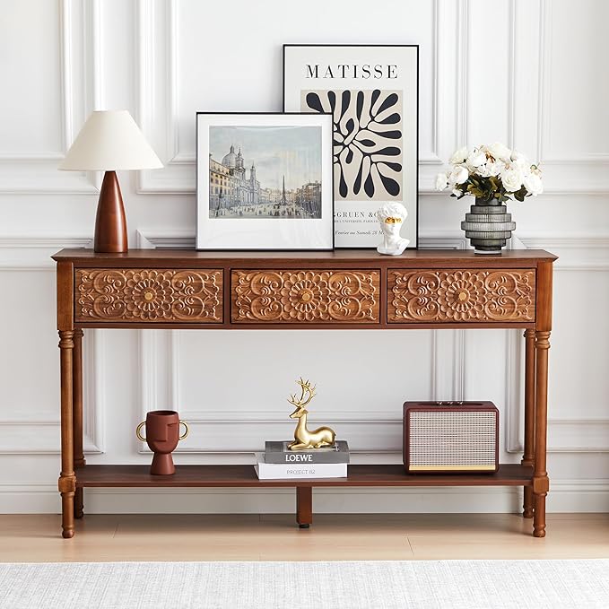 55.5" Carved Console Table with 3 Drawers, 2-Tier Sofa Table with Glossy Floral Surface and Solid Wood Legs, Mid-Century Modern Entryway Table for Living Room Hallway (Walnut)