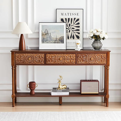 55.5" Carved Console Table with 3 Drawers, 2-Tier Sofa Table with Glossy Floral Surface and Solid Wood Legs, Mid-Century Modern Entryway Table for Living Room Hallway (Walnut)