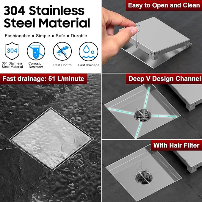 DLONE Square Shower Drain | 6 Inch AISI 304 Stainless Steel Shower Drain with Tile Insert Panel, Shower Floor Drain in Bathroom, Balcony etc (Brushed Nickel)