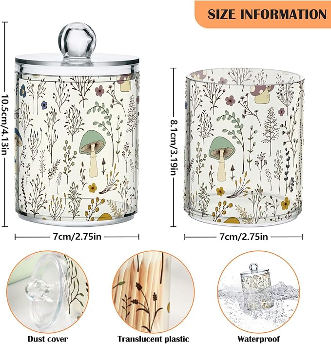 xigua Mushroom Qtip Holder with Lid,2Pack Clear Plastic Apothecary Jars Bathroom Storage Containers for Cotton Swab,Cotton Ball,Floss Picks,Tea,Coffee