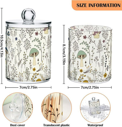 xigua Mushroom Qtip Holder with Lid,2Pack Clear Plastic Apothecary Jars Bathroom Storage Containers for Cotton Swab,Cotton Ball,Floss Picks,Tea,Coffee
