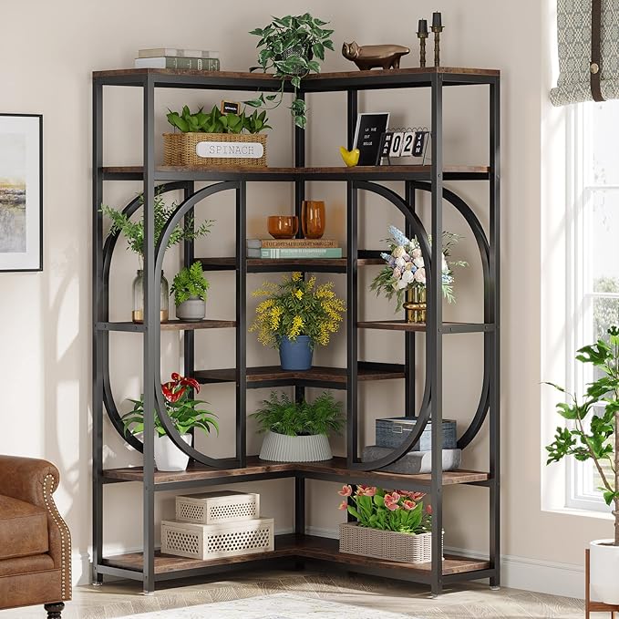 Tribesigns 7-Shelf Corner Bookshelf, Large Modern Corner Bookcase, Tall L-Shaped Corner Shelf Stand Display Rack with Storage, Metal Frame for Living Room Home Office (Rustic Brown)