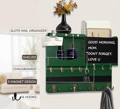 Key Holder for Wall Mount with Shelf and Mail Organizer, Key and Mail Holder with 16 Hooks, Farmhouse Entryway Organizer, Home Decor Rack (Pine Wood,Green)