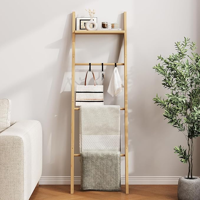 63" Bamboo Blanket Ladder with Shelf and 5 Hooks, 4 Tier Leaning Blanket Rack, Farmhouse Towel Ladder Rack, Decorative Quilt Rack Holder for Living Room Bedroom Bathroom, Natural Wood