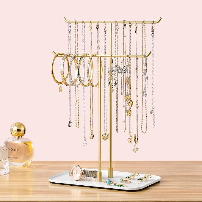 bussdis Gold Jewelry Organizer Necklace Holder Stand: 2-Tier T-Bar Display with White Metal Tray, Holds Necklaces Bracelets Earrings, Countertop Jewelry Tree