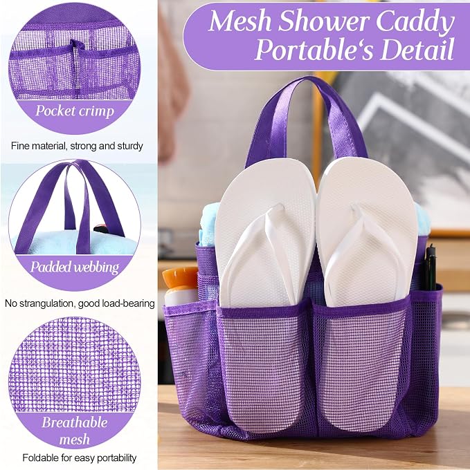 Hillban 4 Pcs Mesh Shower Caddy Portable Shower Caddy for Dorm Beach Mesh Bags with Deeper 8 Pockets and Handles Showers Caddies Basket for Women College Room Vacation(Purple)