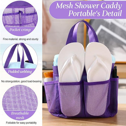 Hillban 4 Pcs Mesh Shower Caddy Portable Shower Caddy for Dorm Beach Mesh Bags with Deeper 8 Pockets and Handles Showers Caddies Basket for Women College Room Vacation(Purple)