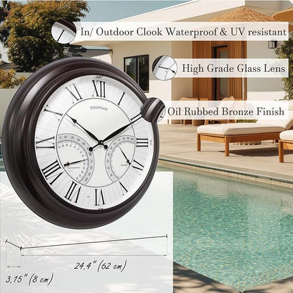 24" Jameson in/Outdoor Lighted Clock, Self-Illuminated, Waterproof, 3 in 1 Weather Station (Thermometer & Hygrometer), Metal Clock, Oil Rubbed Bronze Finish(Night Light)