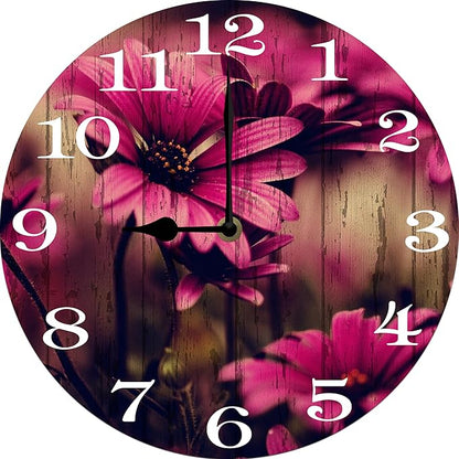 Pink Flowers Wall Clock 10 Inch Silent Non Ticking Battery Operated Wooden Modern Office Simple Minimalist Clock Decorative for Kitchen Home Bathroom Living Room