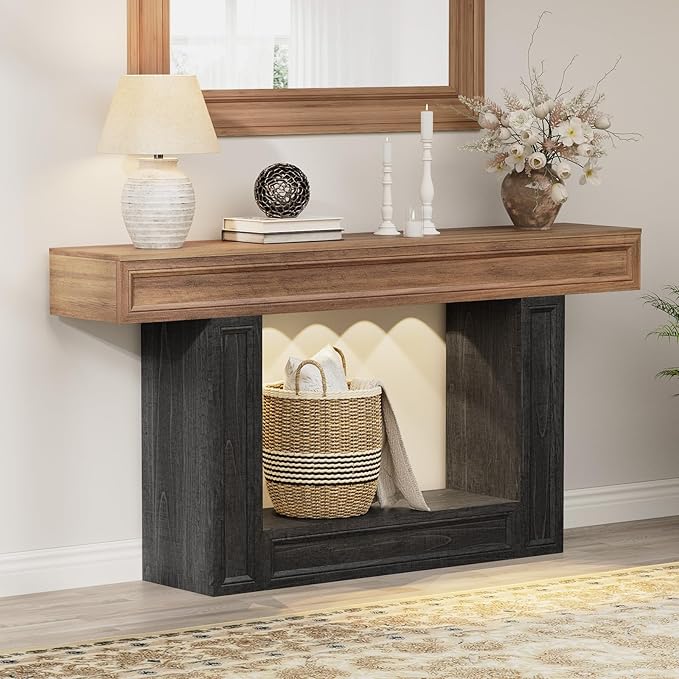 Rresyet 63" Console Table, 2-Tier Entryway Table with Sensor Lights, Coffee Table Behind The Sofa, with U-Shaped Base Suitable for Entryways, Living Rooms, Corridors, and Foyers(Wood)