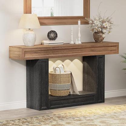 Rresyet 63" Console Table, 2-Tier Entryway Table with Sensor Lights, Coffee Table Behind The Sofa, with U-Shaped Base Suitable for Entryways, Living Rooms, Corridors, and Foyers(Wood)