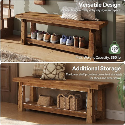55" Solid Wood Entryway Bench with Shoe Storage, Rustic Hardwood Finishes Foyer Bench with Open Shelf for Hallway, Mudroom, Bedroom, Easy Assembly